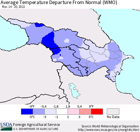 Azerbaijan, Armenia and Georgia Average Temperature Departure from Normal (WMO) Thematic Map For 3/14/2022 - 3/20/2022