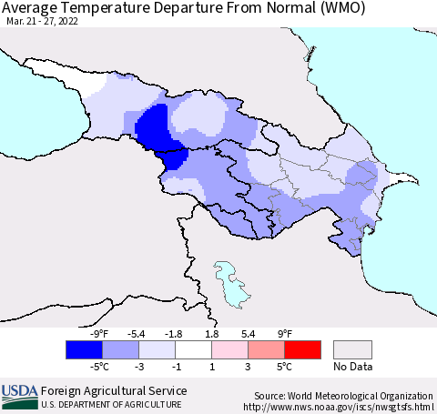 Azerbaijan, Armenia and Georgia Average Temperature Departure from Normal (WMO) Thematic Map For 3/21/2022 - 3/27/2022