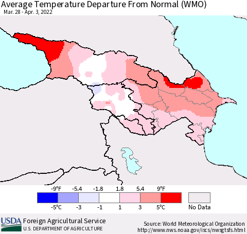 Azerbaijan, Armenia and Georgia Average Temperature Departure from Normal (WMO) Thematic Map For 3/28/2022 - 4/3/2022