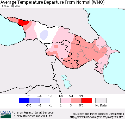 Azerbaijan, Armenia and Georgia Average Temperature Departure from Normal (WMO) Thematic Map For 4/4/2022 - 4/10/2022