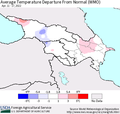 Azerbaijan, Armenia and Georgia Average Temperature Departure from Normal (WMO) Thematic Map For 4/11/2022 - 4/17/2022