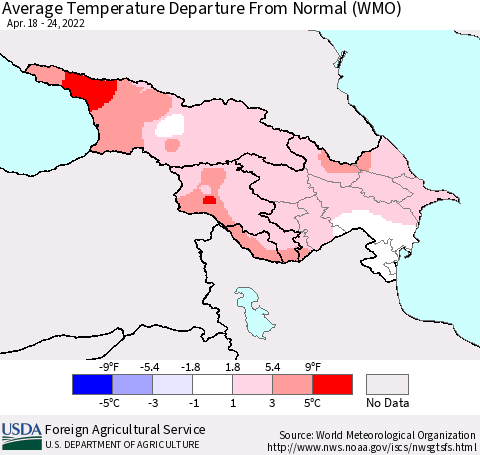 Azerbaijan, Armenia and Georgia Average Temperature Departure from Normal (WMO) Thematic Map For 4/18/2022 - 4/24/2022