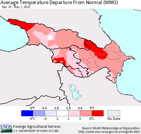 Azerbaijan, Armenia and Georgia Average Temperature Departure from Normal (WMO) Thematic Map For 4/25/2022 - 5/1/2022