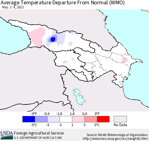 Azerbaijan, Armenia and Georgia Average Temperature Departure from Normal (WMO) Thematic Map For 5/2/2022 - 5/8/2022