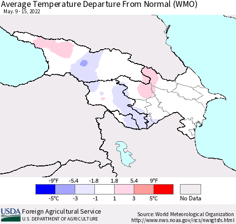 Azerbaijan, Armenia and Georgia Average Temperature Departure from Normal (WMO) Thematic Map For 5/9/2022 - 5/15/2022