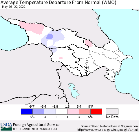 Azerbaijan, Armenia and Georgia Average Temperature Departure from Normal (WMO) Thematic Map For 5/16/2022 - 5/22/2022