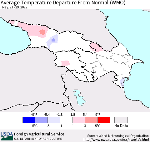 Azerbaijan, Armenia and Georgia Average Temperature Departure from Normal (WMO) Thematic Map For 5/23/2022 - 5/29/2022