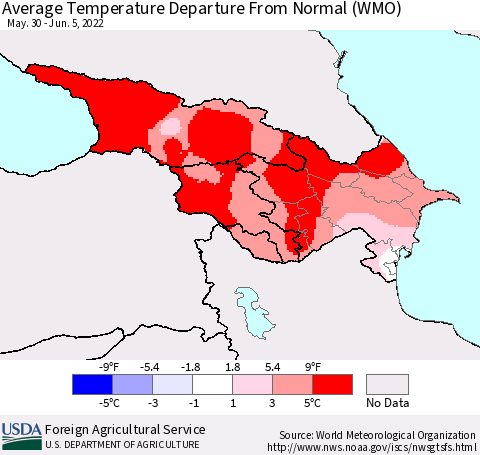 Azerbaijan, Armenia and Georgia Average Temperature Departure from Normal (WMO) Thematic Map For 5/30/2022 - 6/5/2022