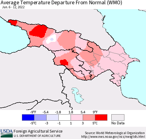 Azerbaijan, Armenia and Georgia Average Temperature Departure from Normal (WMO) Thematic Map For 6/6/2022 - 6/12/2022