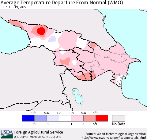 Azerbaijan, Armenia and Georgia Average Temperature Departure from Normal (WMO) Thematic Map For 6/13/2022 - 6/19/2022