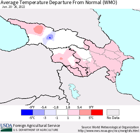 Azerbaijan, Armenia and Georgia Average Temperature Departure from Normal (WMO) Thematic Map For 6/20/2022 - 6/26/2022