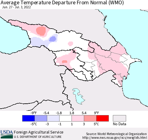 Azerbaijan, Armenia and Georgia Average Temperature Departure from Normal (WMO) Thematic Map For 6/27/2022 - 7/3/2022