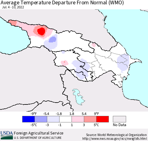 Azerbaijan, Armenia and Georgia Average Temperature Departure from Normal (WMO) Thematic Map For 7/4/2022 - 7/10/2022