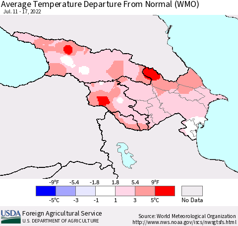 Azerbaijan, Armenia and Georgia Average Temperature Departure from Normal (WMO) Thematic Map For 7/11/2022 - 7/17/2022