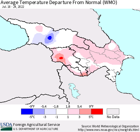 Azerbaijan, Armenia and Georgia Average Temperature Departure from Normal (WMO) Thematic Map For 7/18/2022 - 7/24/2022