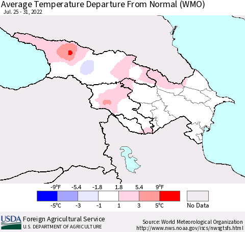 Azerbaijan, Armenia and Georgia Average Temperature Departure from Normal (WMO) Thematic Map For 7/25/2022 - 7/31/2022