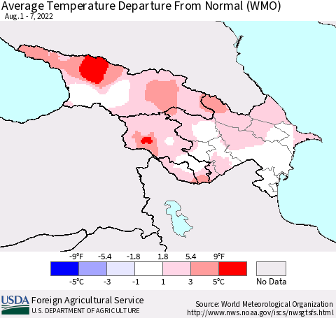 Azerbaijan, Armenia and Georgia Average Temperature Departure from Normal (WMO) Thematic Map For 8/1/2022 - 8/7/2022