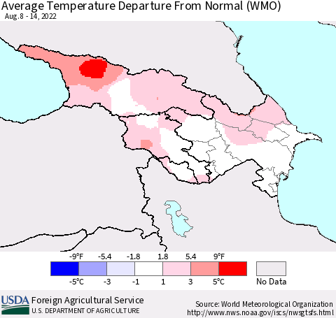 Azerbaijan, Armenia and Georgia Average Temperature Departure from Normal (WMO) Thematic Map For 8/8/2022 - 8/14/2022
