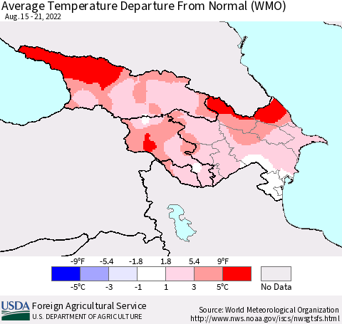Azerbaijan, Armenia and Georgia Average Temperature Departure from Normal (WMO) Thematic Map For 8/15/2022 - 8/21/2022