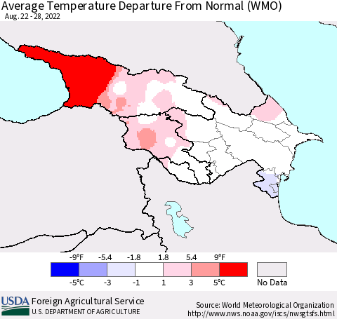 Azerbaijan, Armenia and Georgia Average Temperature Departure from Normal (WMO) Thematic Map For 8/22/2022 - 8/28/2022