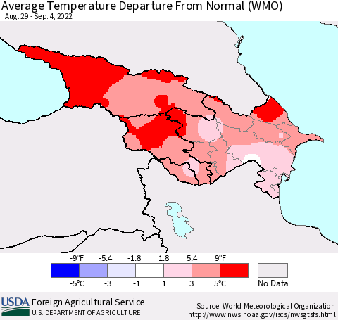 Azerbaijan, Armenia and Georgia Average Temperature Departure from Normal (WMO) Thematic Map For 8/29/2022 - 9/4/2022