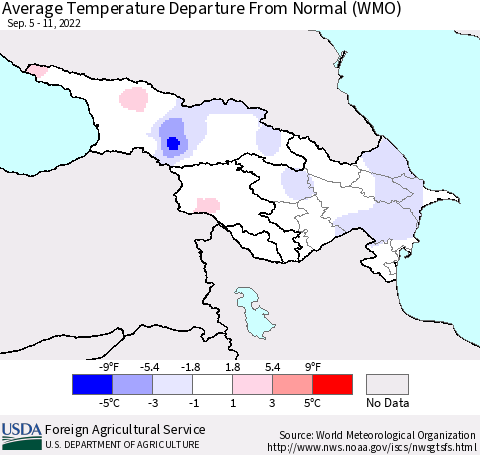 Azerbaijan, Armenia and Georgia Average Temperature Departure from Normal (WMO) Thematic Map For 9/5/2022 - 9/11/2022