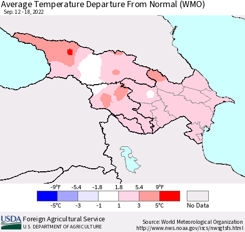 Azerbaijan, Armenia and Georgia Average Temperature Departure from Normal (WMO) Thematic Map For 9/12/2022 - 9/18/2022