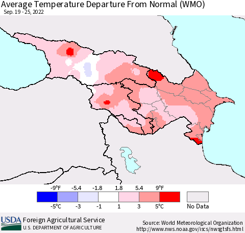 Azerbaijan, Armenia and Georgia Average Temperature Departure from Normal (WMO) Thematic Map For 9/19/2022 - 9/25/2022