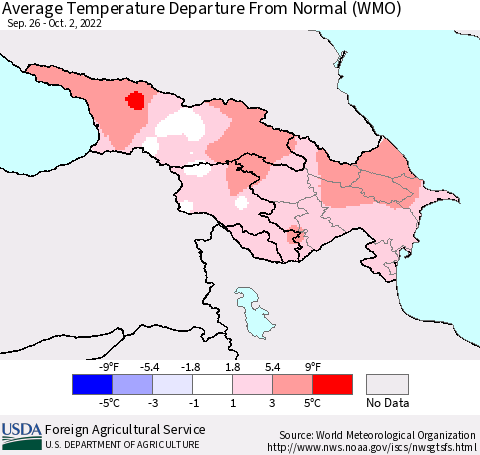 Azerbaijan, Armenia and Georgia Average Temperature Departure from Normal (WMO) Thematic Map For 9/26/2022 - 10/2/2022