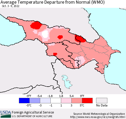 Azerbaijan, Armenia and Georgia Average Temperature Departure from Normal (WMO) Thematic Map For 10/3/2022 - 10/9/2022