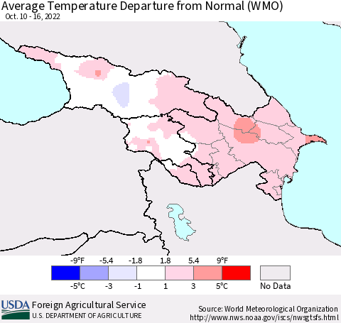 Azerbaijan, Armenia and Georgia Average Temperature Departure from Normal (WMO) Thematic Map For 10/10/2022 - 10/16/2022