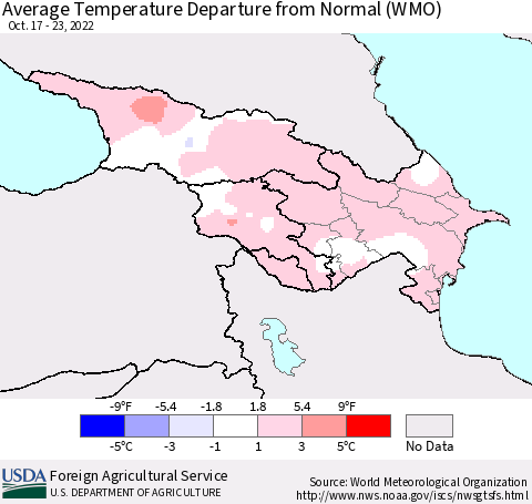 Azerbaijan, Armenia and Georgia Average Temperature Departure from Normal (WMO) Thematic Map For 10/17/2022 - 10/23/2022