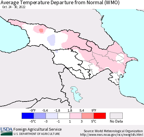 Azerbaijan, Armenia and Georgia Average Temperature Departure from Normal (WMO) Thematic Map For 10/24/2022 - 10/30/2022