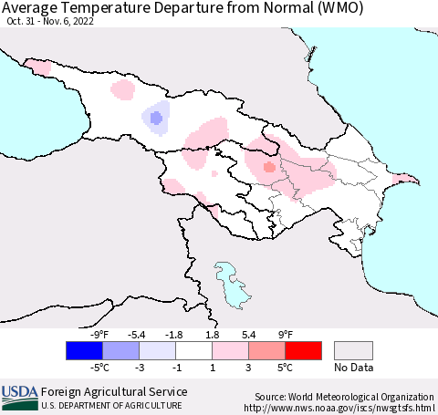 Azerbaijan, Armenia and Georgia Average Temperature Departure from Normal (WMO) Thematic Map For 10/31/2022 - 11/6/2022