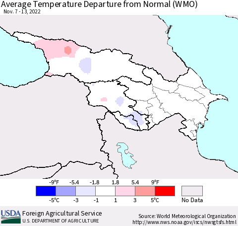 Azerbaijan, Armenia and Georgia Average Temperature Departure from Normal (WMO) Thematic Map For 11/7/2022 - 11/13/2022