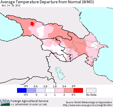 Azerbaijan, Armenia and Georgia Average Temperature Departure from Normal (WMO) Thematic Map For 11/14/2022 - 11/20/2022