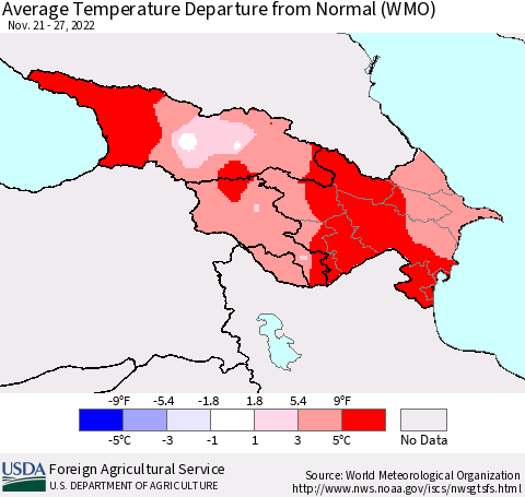 Azerbaijan, Armenia and Georgia Average Temperature Departure from Normal (WMO) Thematic Map For 11/21/2022 - 11/27/2022