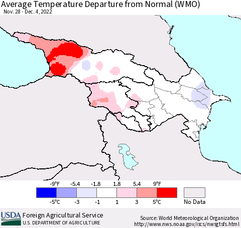 Azerbaijan, Armenia and Georgia Average Temperature Departure from Normal (WMO) Thematic Map For 11/28/2022 - 12/4/2022