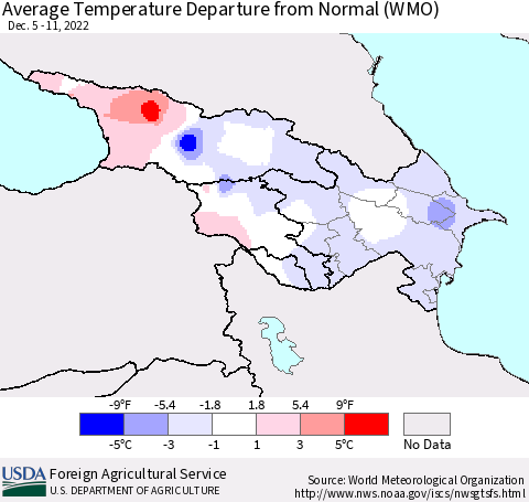Azerbaijan, Armenia and Georgia Average Temperature Departure from Normal (WMO) Thematic Map For 12/5/2022 - 12/11/2022