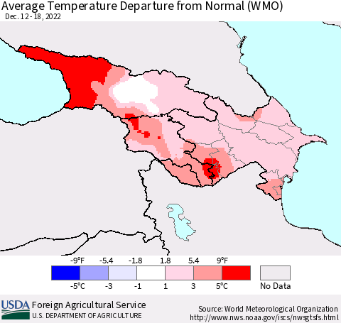 Azerbaijan, Armenia and Georgia Average Temperature Departure from Normal (WMO) Thematic Map For 12/12/2022 - 12/18/2022