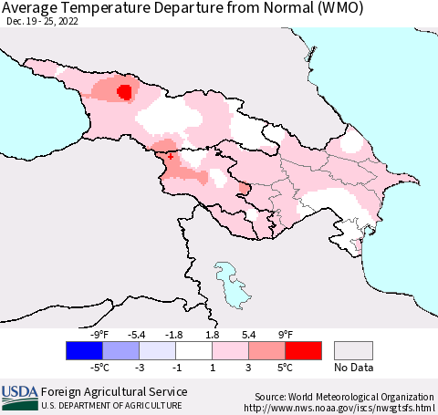Azerbaijan, Armenia and Georgia Average Temperature Departure from Normal (WMO) Thematic Map For 12/19/2022 - 12/25/2022