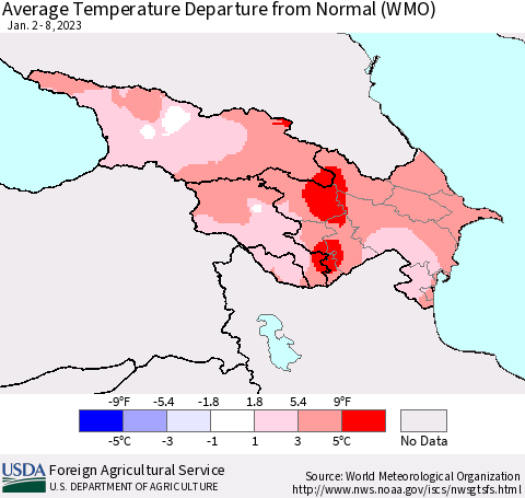 Azerbaijan, Armenia and Georgia Average Temperature Departure from Normal (WMO) Thematic Map For 1/2/2023 - 1/8/2023