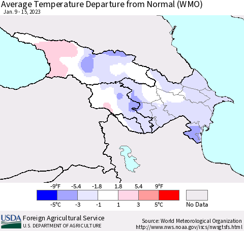 Azerbaijan, Armenia and Georgia Average Temperature Departure from Normal (WMO) Thematic Map For 1/9/2023 - 1/15/2023