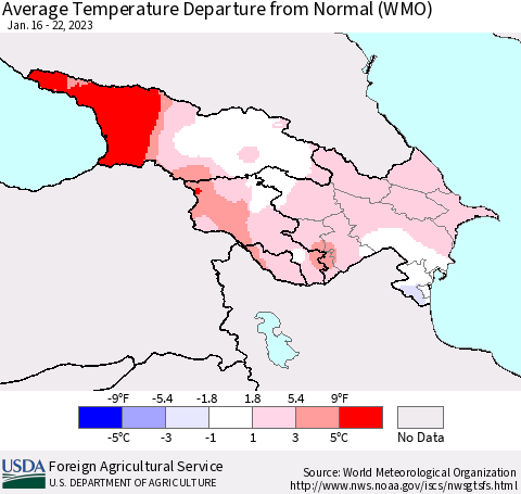 Azerbaijan, Armenia and Georgia Average Temperature Departure from Normal (WMO) Thematic Map For 1/16/2023 - 1/22/2023