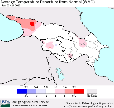 Azerbaijan, Armenia and Georgia Average Temperature Departure from Normal (WMO) Thematic Map For 1/23/2023 - 1/29/2023