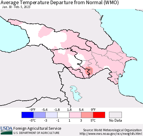 Azerbaijan, Armenia and Georgia Average Temperature Departure from Normal (WMO) Thematic Map For 1/30/2023 - 2/5/2023