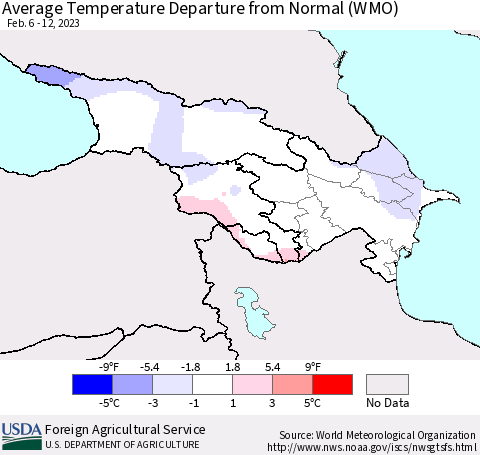 Azerbaijan, Armenia and Georgia Average Temperature Departure from Normal (WMO) Thematic Map For 2/6/2023 - 2/12/2023