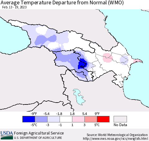 Azerbaijan, Armenia and Georgia Average Temperature Departure from Normal (WMO) Thematic Map For 2/13/2023 - 2/19/2023
