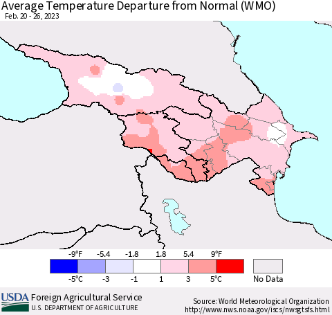Azerbaijan, Armenia and Georgia Average Temperature Departure from Normal (WMO) Thematic Map For 2/20/2023 - 2/26/2023