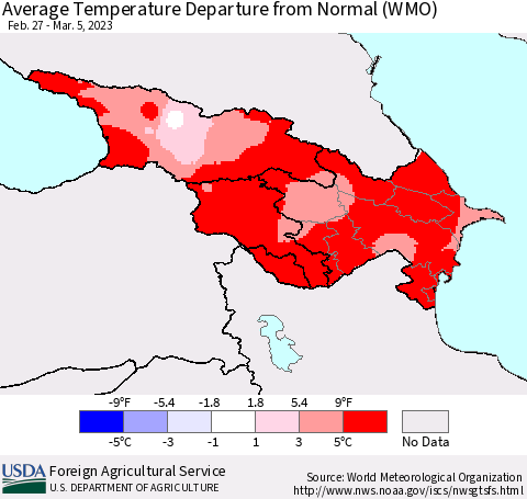 Azerbaijan, Armenia and Georgia Average Temperature Departure from Normal (WMO) Thematic Map For 2/27/2023 - 3/5/2023